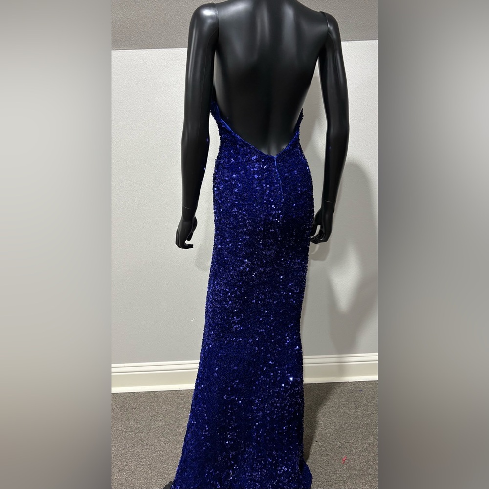 Blue sequin low cut halter fitted formal dress fishtail bottom XS 0 2 - Picture 5 of 11